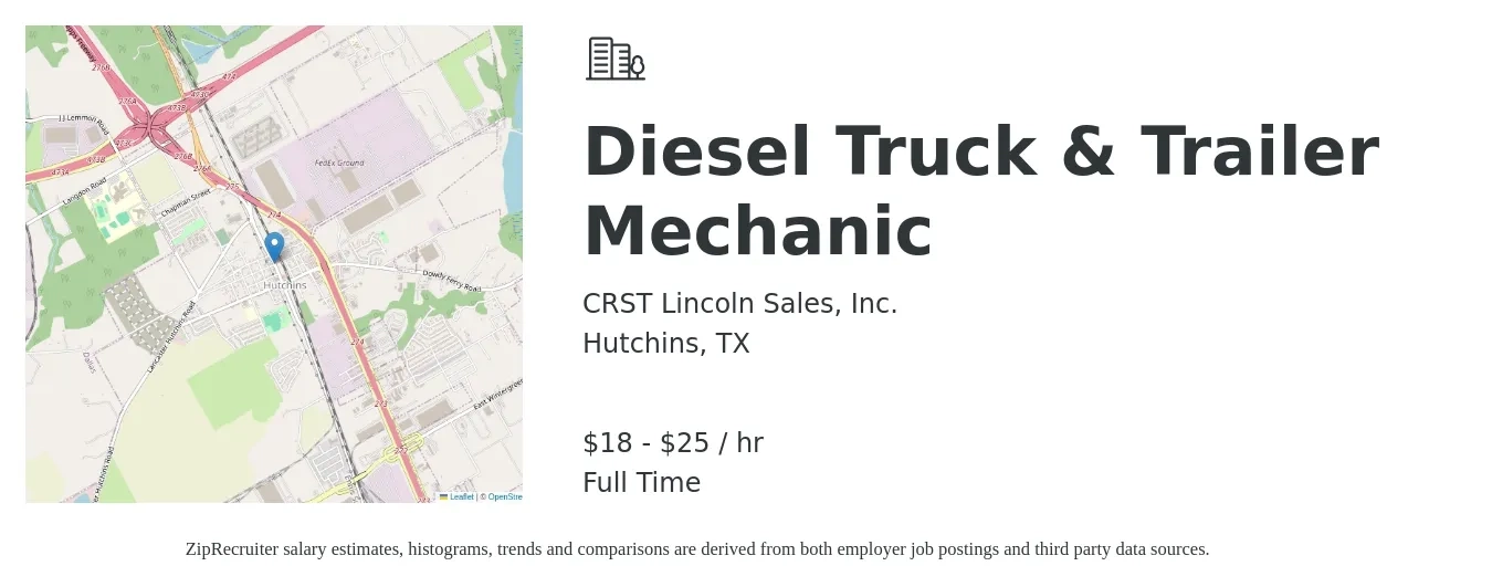 CRST Lincoln Sales, Inc. job posting for a Diesel Truck & Trailer Mechanic in Hutchins, TX with a salary of $19 to $26 Hourly with a map of Hutchins location.