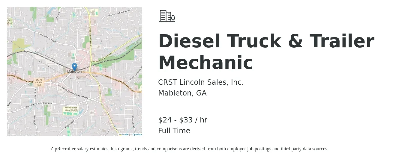 CRST Lincoln Sales, Inc. job posting for a Diesel Truck & Trailer Mechanic in Mableton, GA with a salary of $28 to $33 Hourly with a map of Mableton location.