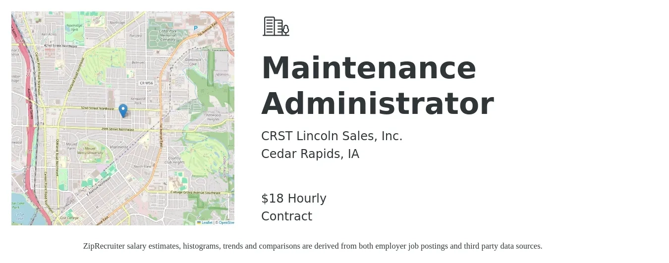 CRST Lincoln Sales, Inc. job posting for a Maintenance Administrator in Cedar Rapids, IA with a salary of $19 Hourly with a map of Cedar Rapids location.