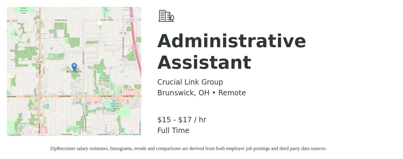 Crucial Link Group job posting for a Administrative Assistant in Brunswick, OH with a salary of $16 to $18 Hourly with a map of Brunswick location.