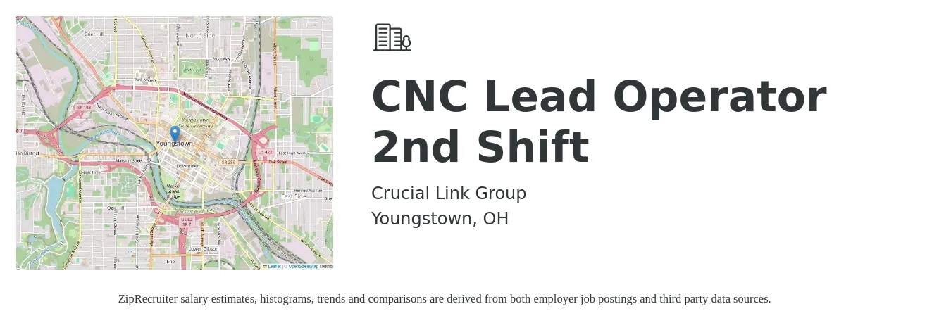 Crucial Link Group job posting for a CNC Lead Operator 2nd Shift in Youngstown, OH with a salary of $19 to $26 Hourly with a map of Youngstown location.