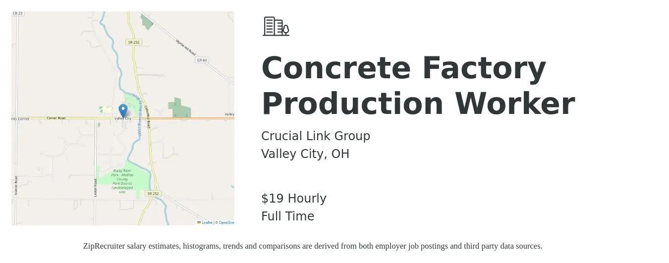 Crucial Link Group job posting for a Concrete Factory Production Worker in Valley City, OH with a salary of $20 Hourly with a map of Valley City location.
