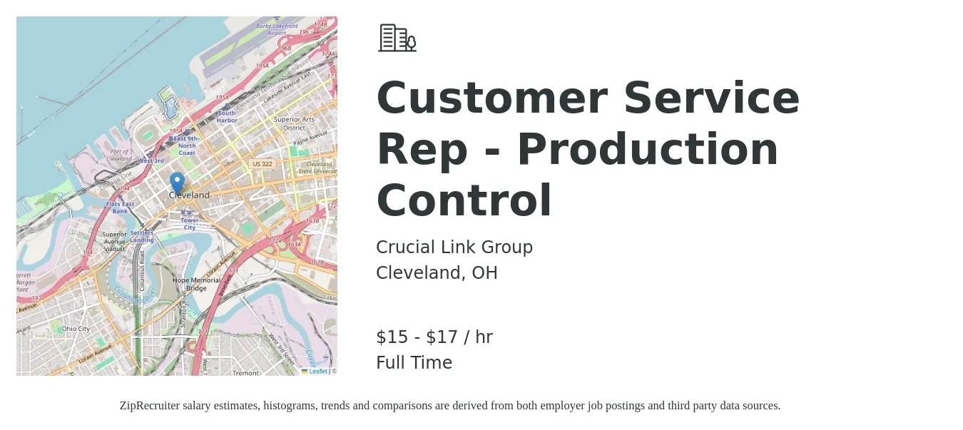 Crucial Link Group job posting for a Customer Service Rep - Production Control in Cleveland, OH with a salary of $16 to $18 Hourly with a map of Cleveland location.