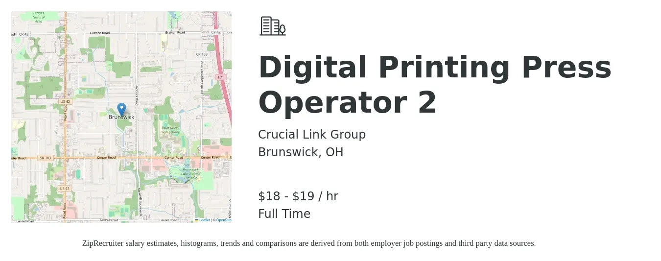 Crucial Link Group job posting for a Digital Printing Press Operator 2 in Brunswick, OH with a salary of $19 to $20 Hourly with a map of Brunswick location.