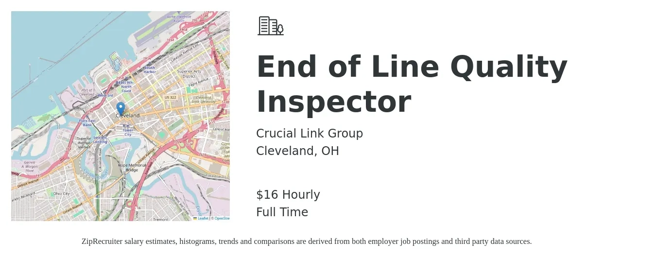 Crucial Link Group job posting for a End of Line Quality Inspector in Cleveland, OH with a salary of $17 Hourly with a map of Cleveland location.