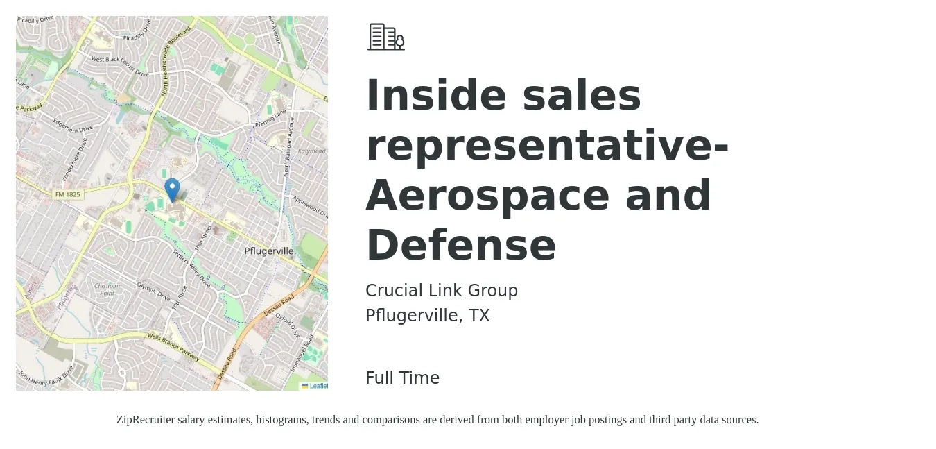 Crucial Link Group job posting for a Inside sales representative- Aerospace and Defense in Pflugerville, TX with a salary of $37,200 to $55,500 Yearly with a map of Pflugerville location.