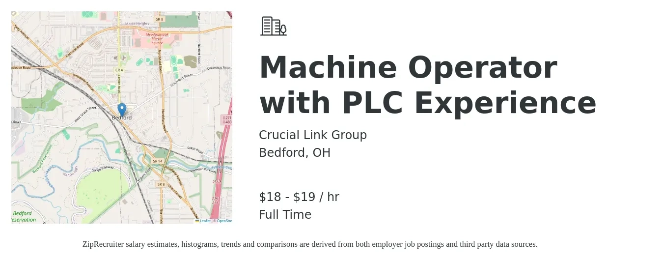 Crucial Link Group job posting for a Machine Operator with PLC Experience in Bedford, OH with a salary of $19 to $20 Hourly with a map of Bedford location.