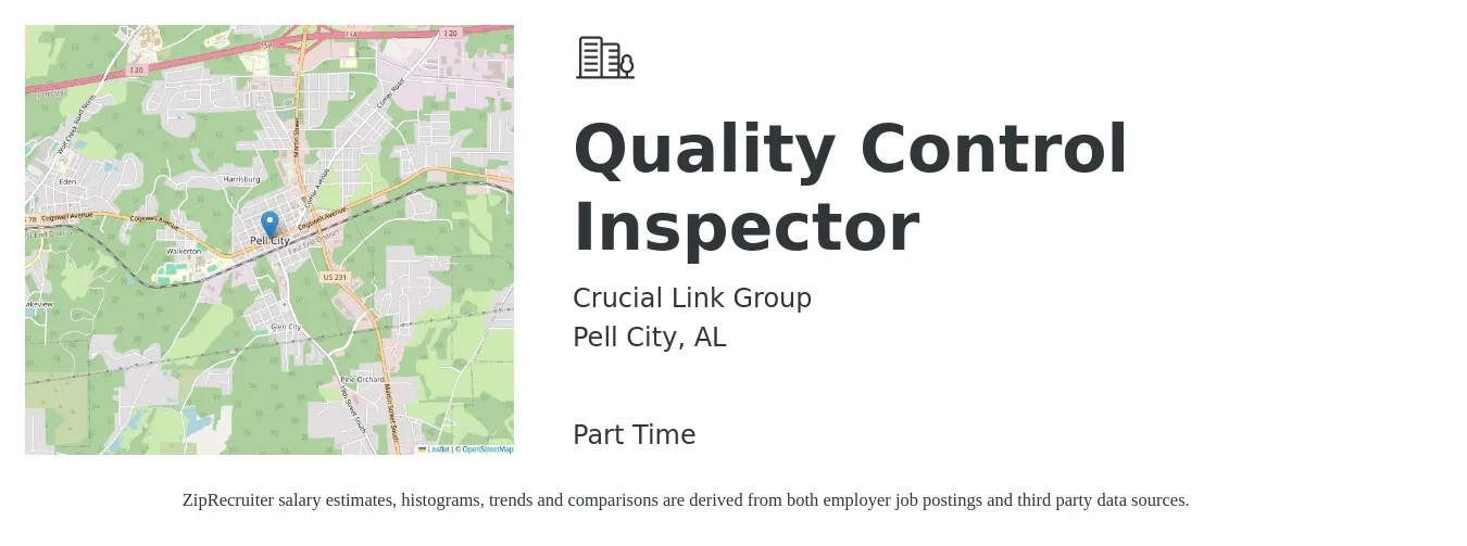 Crucial Link Group job posting for a Quality Control Inspector in Pell City, AL with a salary of $15 to $21 Hourly with a map of Pell City location.