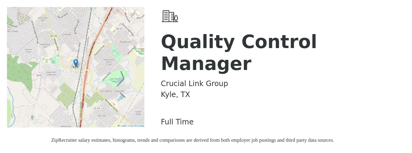 Crucial Link Group job posting for a Quality Control Manager in Kyle, TX with a salary of $58,100 to $96,000 Yearly with a map of Kyle location.