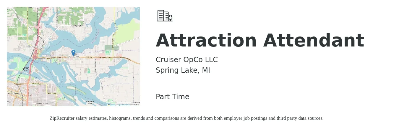 Cruiser OpCo LLC job posting for a Attraction Attendant in Spring Lake, MI with a salary of $10 to $14 Hourly with a map of Spring Lake location.