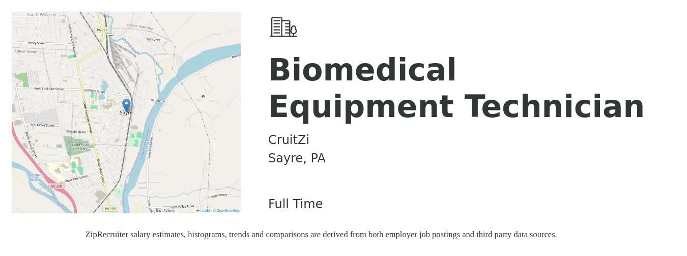 CruitZi job posting for a Biomedical Equipment Technician in Sayre, PA with a salary of $27 to $39 Hourly with a map of Sayre location.