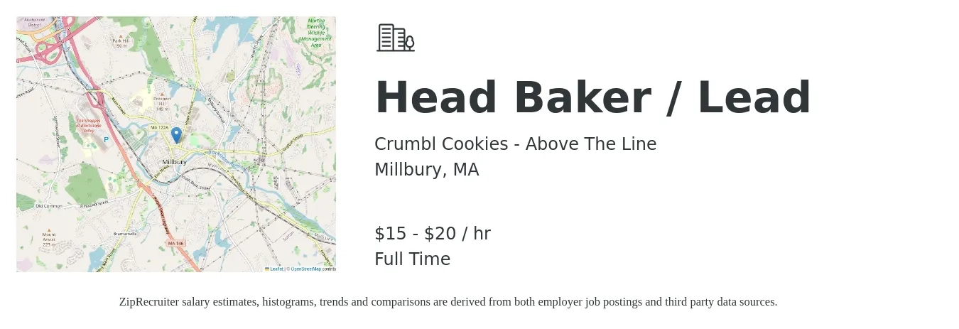 Crumbl Cookies - Above The Line job posting for a Head Baker / Lead in Millbury, MA with a salary of $16 to $21 Hourly with a map of Millbury location.