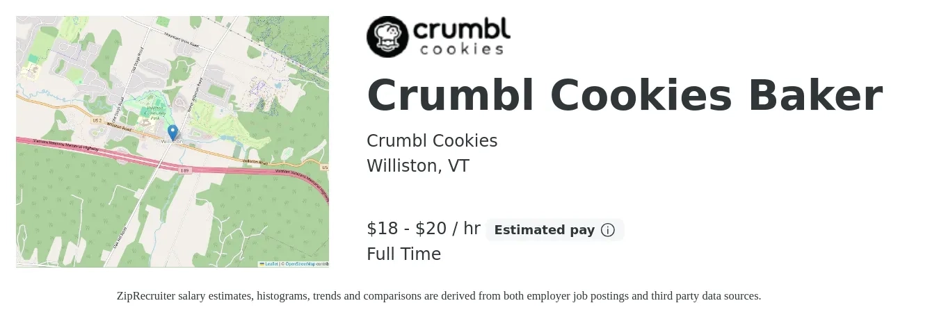 Crumbl Cookies job posting for a Crumbl Cookies Baker in Williston, VT with a salary of $20 to $22 Hourly with a map of Williston location.
