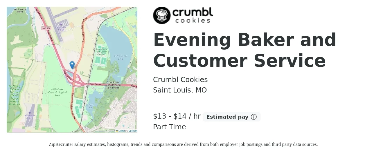 Crumbl Cookies job posting for a Evening Baker and Customer Service in Saint Louis, MO with a salary of $14 to $15 Hourly with a map of Saint Louis location.