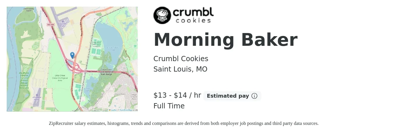Crumbl Cookies job posting for a Morning Baker in Saint Louis, MO with a salary of $14 to $15 Hourly with a map of Saint Louis location.