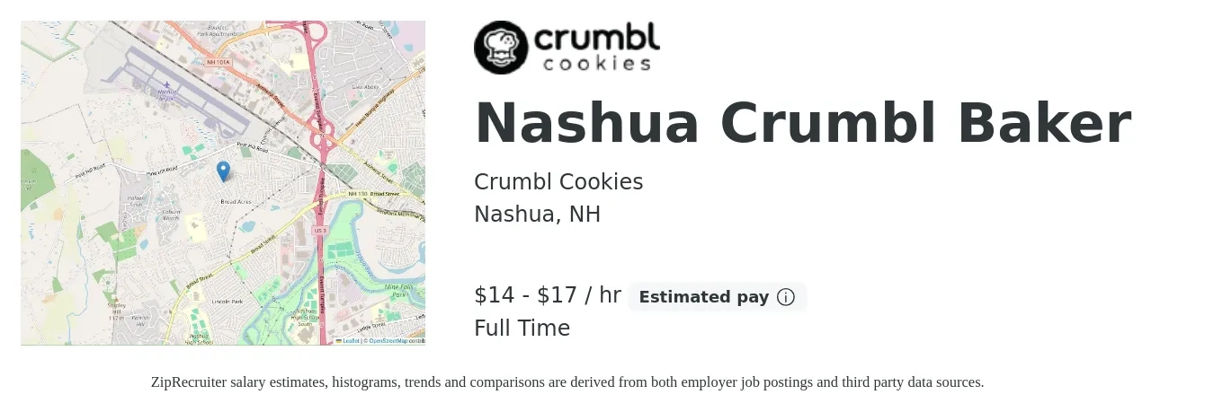 Crumbl Cookies job posting for a Nashua Crumbl Baker in Nashua, NH with a salary of $15 to $18 Hourly with a map of Nashua location.