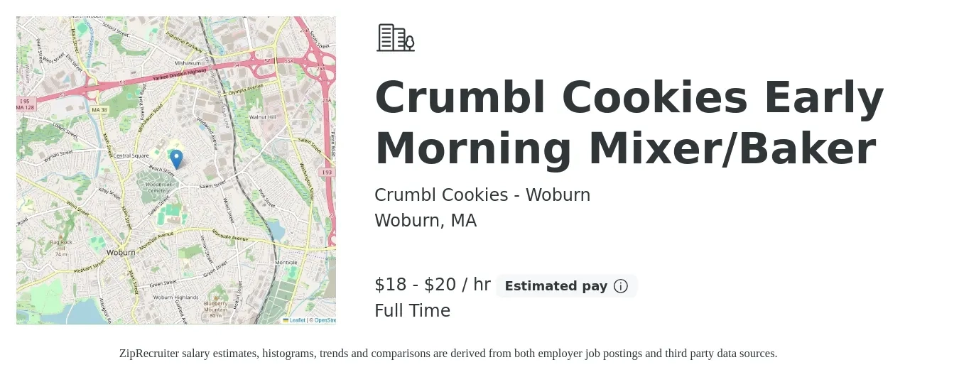 Crumbl Cookies - Woburn job posting for a Crumbl Cookies Early Morning Mixer/Baker in Woburn, MA with a salary of $19 to $21 Hourly with a map of Woburn location.