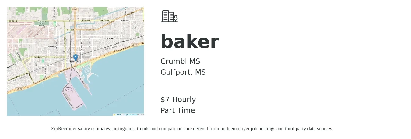 Crumbl MS job posting for a baker in Gulfport, MS with a salary of $8 Hourly with a map of Gulfport location.