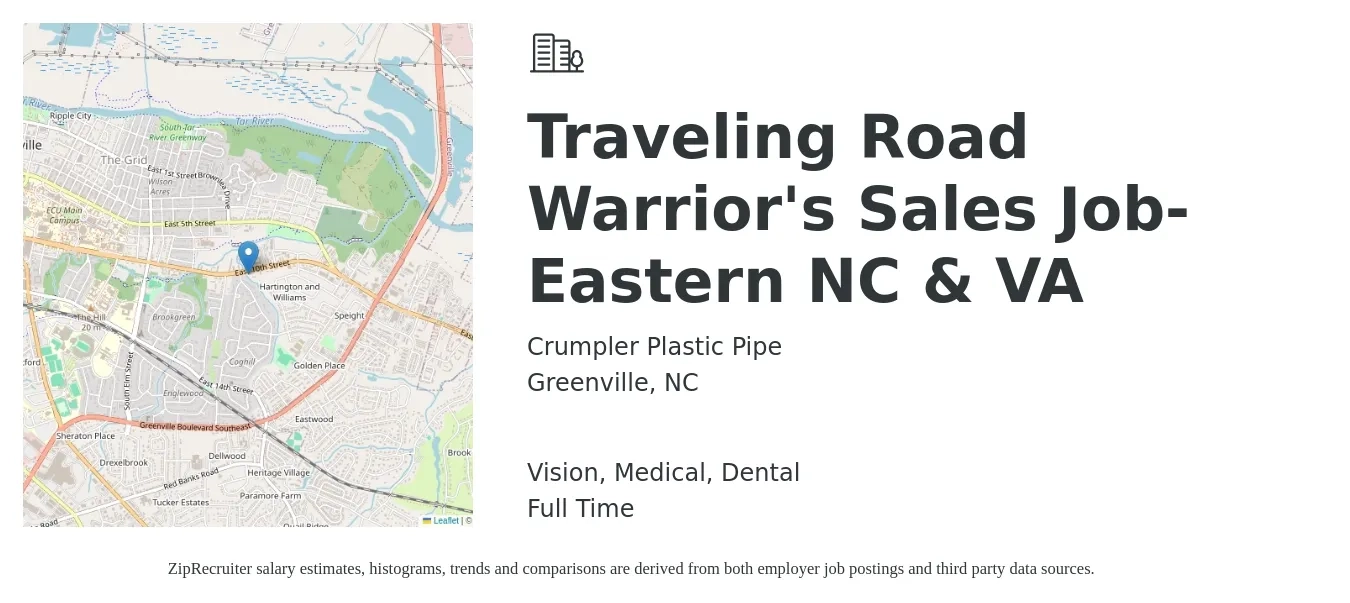 Crumpler Plastic Pipe job posting for a Traveling Road Warrior's Sales Job-Eastern NC & VA in Greenville, NC with a salary of $20 to $21 Hourly and benefits including medical, pto, retirement, vision, dental, and life_insurance with a map of Greenville location.