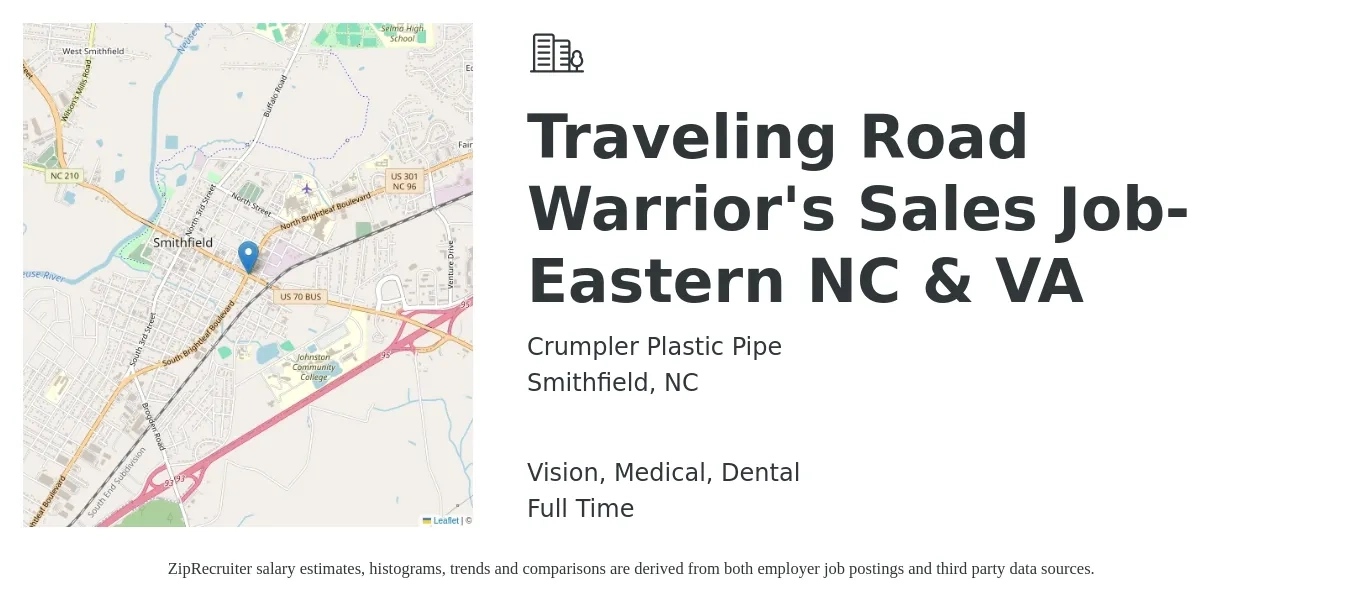 Crumpler Plastic Pipe job posting for a Traveling Road Warrior's Sales Job-Eastern NC & VA in Smithfield, NC with a salary of $18 to $19 Hourly and benefits including retirement, vision, dental, life_insurance, medical, and pto with a map of Smithfield location.