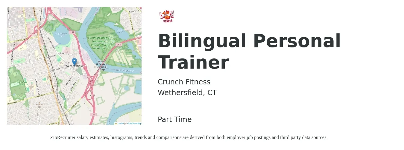 Crunch Fitness job posting for a Bilingual Personal Trainer in Wethersfield, CT with a salary of $20 to $33 Hourly with a map of Wethersfield location.