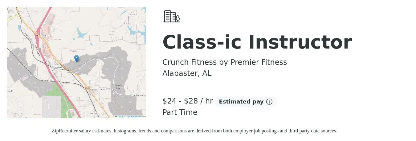 Crunch Fitness by Premier Fitness job posting for a Class-ic Instructor in Alabaster, AL with a salary of $25 to $30 Hourly with a map of Alabaster location.