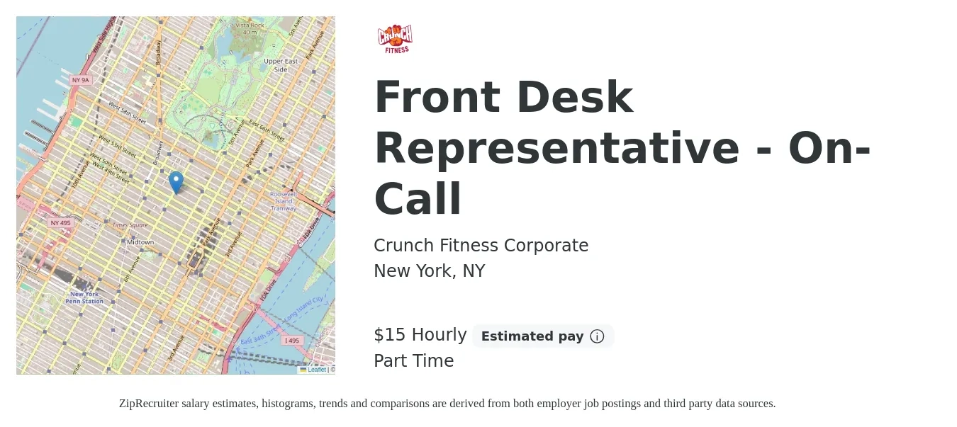 Crunch Fitness Corporate job posting for a Front Desk Representative - On-Call in New York, NY with a salary of $16 Hourly with a map of New York location.