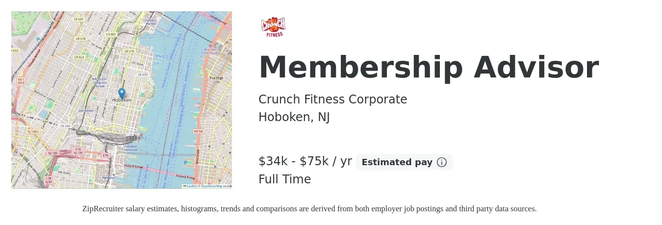 Crunch Fitness Corporate job posting for a Membership Advisor in Hoboken, NJ with a salary of $34,000 to $75,000 Yearly with a map of Hoboken location.