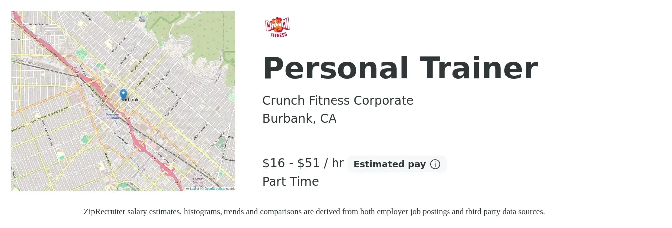 Crunch Fitness Corporate job posting for a Personal Trainer in Burbank, CA with a salary of $17 to $54 Hourly with a map of Burbank location.