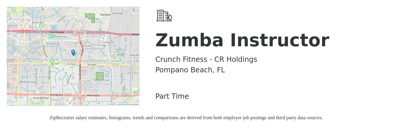 Crunch Fitness - CR Holdings job posting for a Zumba Instructor in Pompano Beach, FL with a salary of $17 to $32 Hourly with a map of Pompano Beach location.