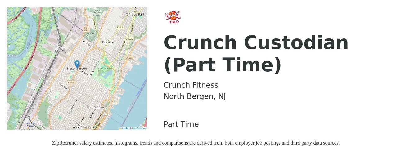 Crunch Fitness job posting for a Crunch Custodian (Part Time) in North Bergen, NJ with a salary of $16 to $20 Hourly with a map of North Bergen location.