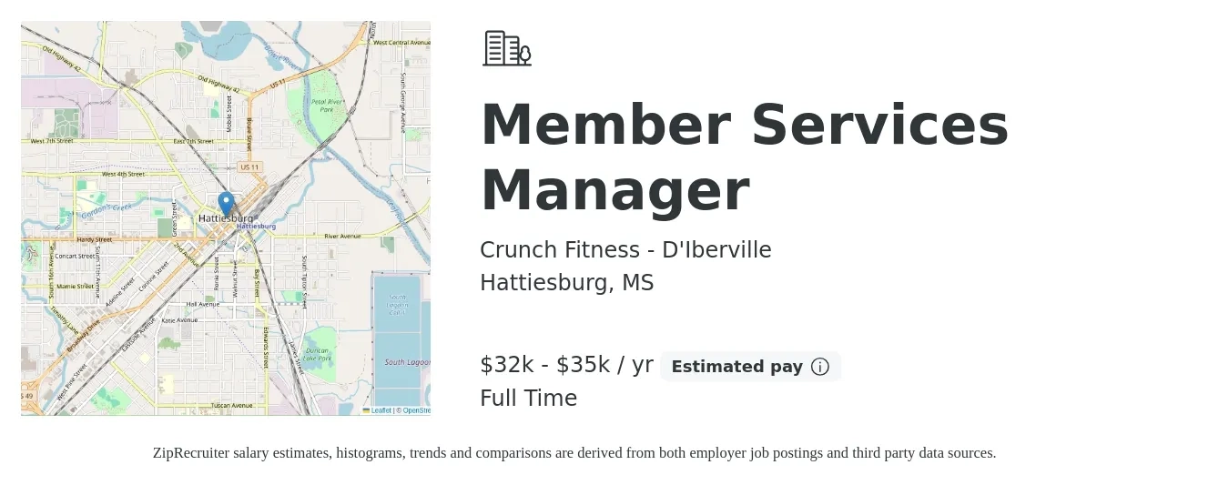 Crunch Fitness - D'Iberville job posting for a Member Services Manager in Hattiesburg, MS with a salary of $32,000 to $35,000 Yearly with a map of Hattiesburg location.