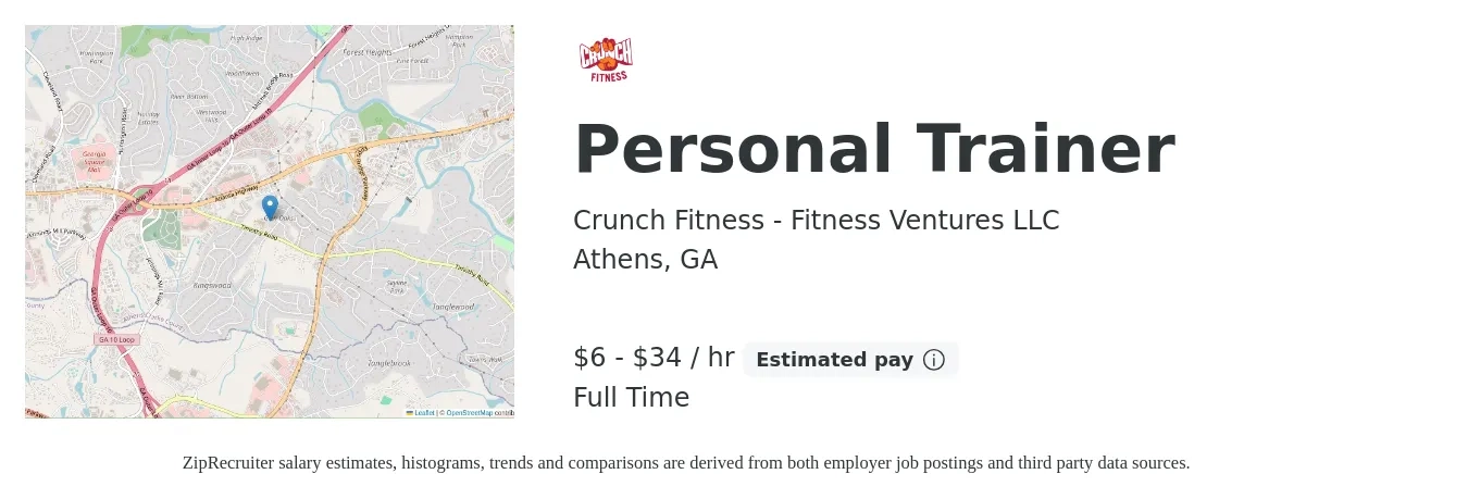 Crunch Fitness - Fitness Ventures LLC job posting for a Personal Trainer in Athens, GA with a salary of $7 to $36 Hourly with a map of Athens location.