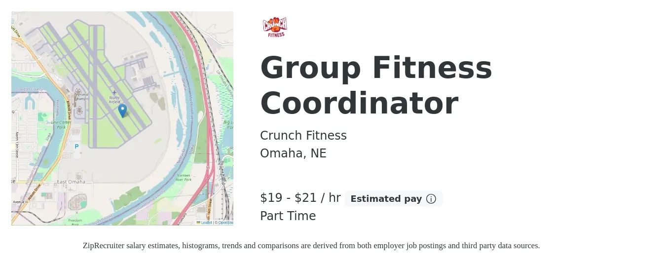 Crunch - Omaha job posting for a Group Fitness Coordinator in Omaha, NE with a salary of $20 to $22 Hourly with a map of Omaha location.