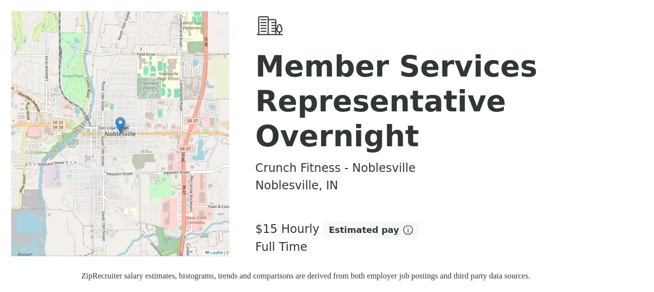 Crunch Fitness - Noblesville job posting for a Member Services Representative Overnight in Noblesville, IN with a salary of $16 Hourly with a map of Noblesville location.