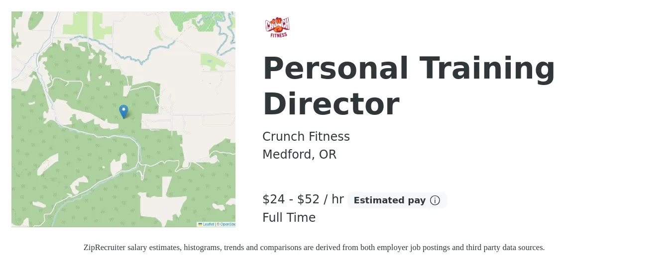 Crunch Fitness - Fitness Ventures LLC job posting for a Personal Training Director in Medford, OR with a salary of $25 to $55 Hourly with a map of Medford location.