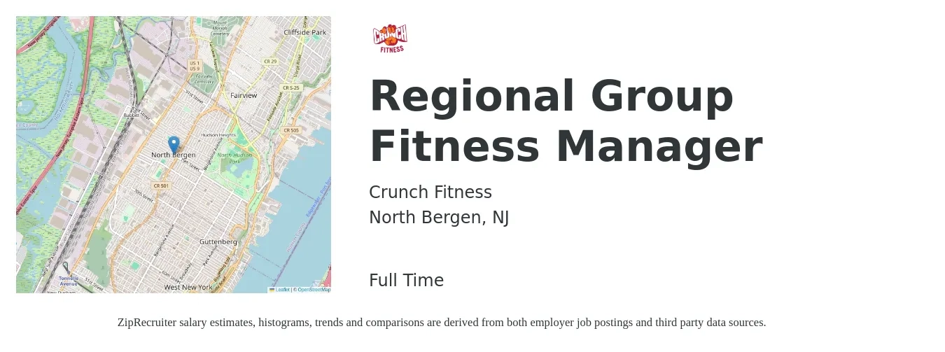Crunch Fitness job posting for a Regional Group Fitness Manager in North Bergen, NJ with a salary of $19 to $27 Hourly with a map of North Bergen location.