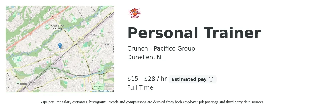 Crunch - Pacifico Group job posting for a Personal Trainer in Dunellen, NJ with a salary of $16 to $30 Hourly with a map of Dunellen location.