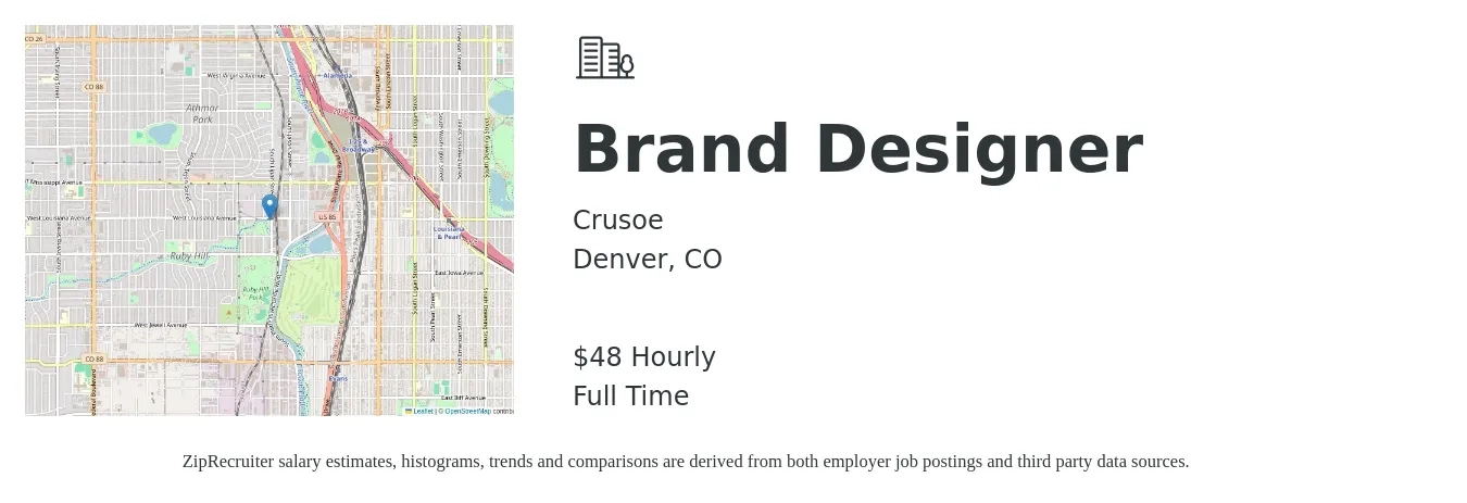 Crusoe job posting for a Brand Designer in Denver, CO with a salary of $50 Hourly with a map of Denver location.