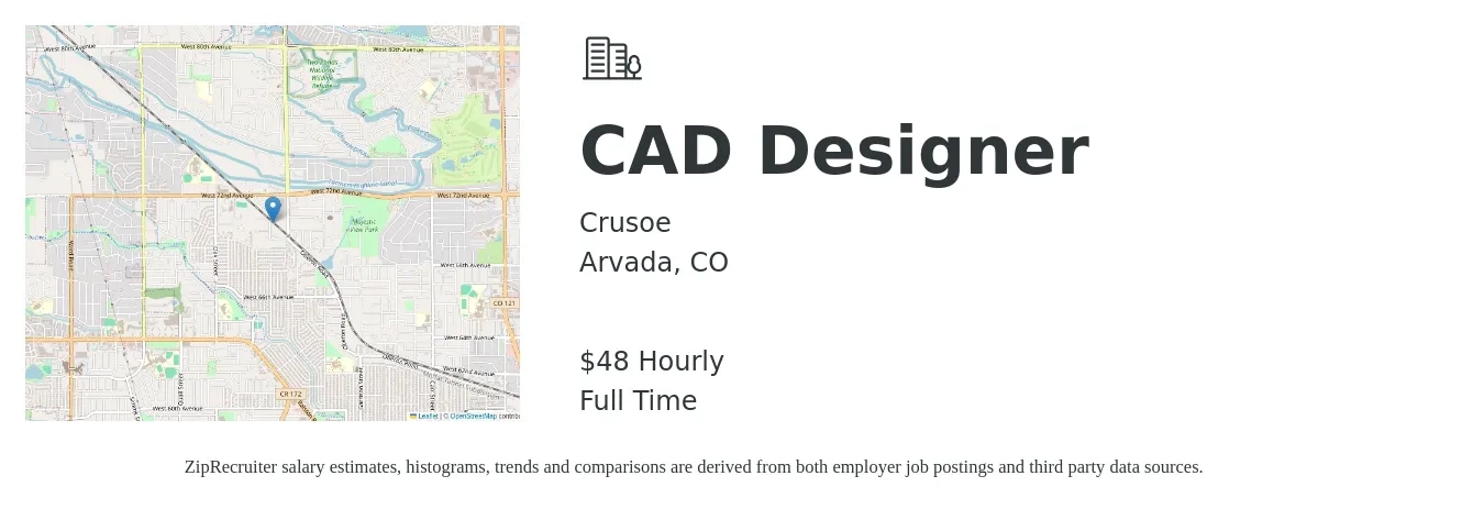 Crusoe job posting for a CAD Designer in Arvada, CO with a salary of $110 Hourly with a map of Arvada location.