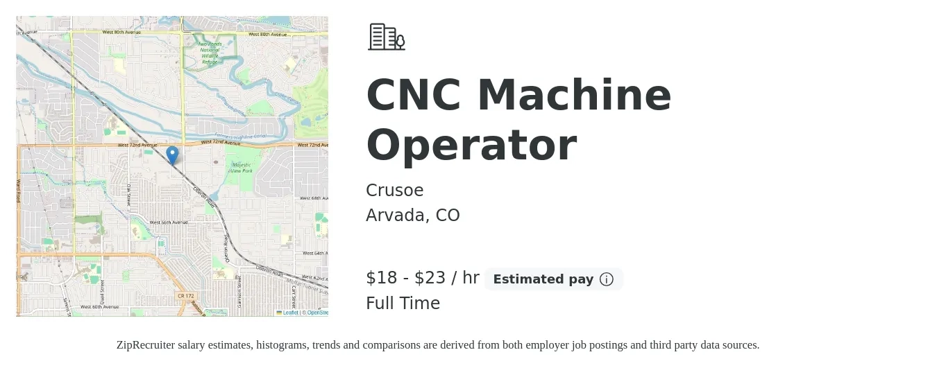 Crusoe job posting for a CNC Machine Operator in Arvada, CO with a salary of $19 to $24 Hourly with a map of Arvada location.