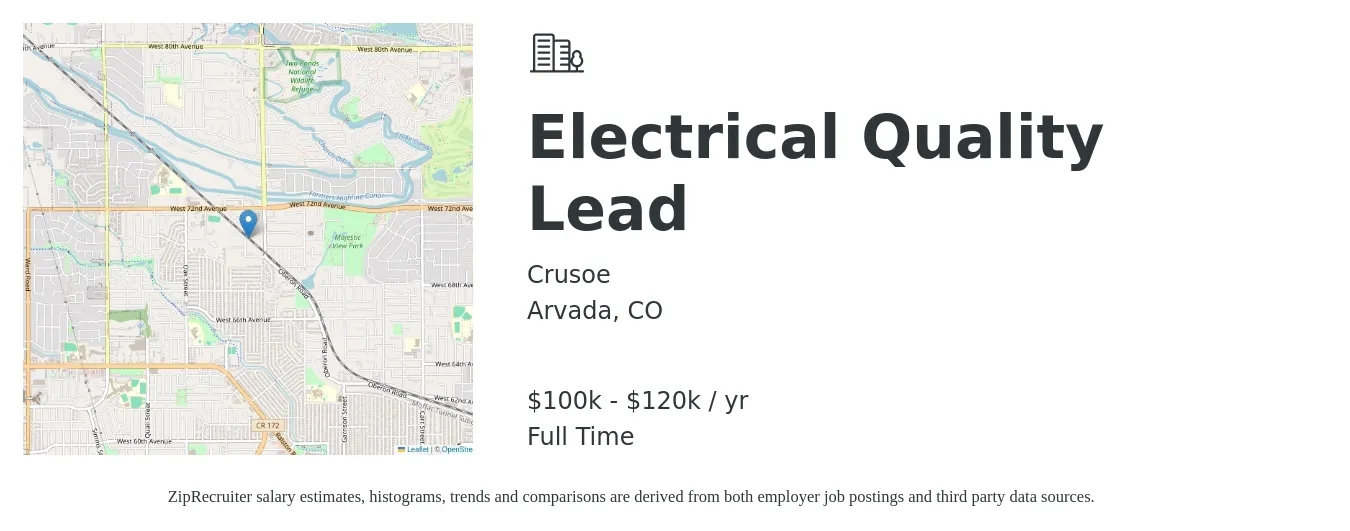 Crusoe job posting for a Electrical Quality Lead in Arvada, CO with a salary of $19 to $37 Hourly with a map of Arvada location.
