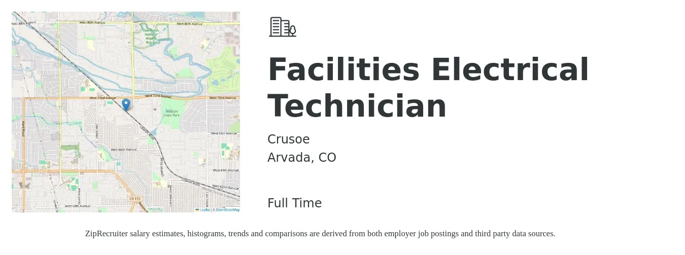 Crusoe job posting for a Facilities Electrical Technician in Arvada, CO with a salary of $27 to $35 Hourly with a map of Arvada location.