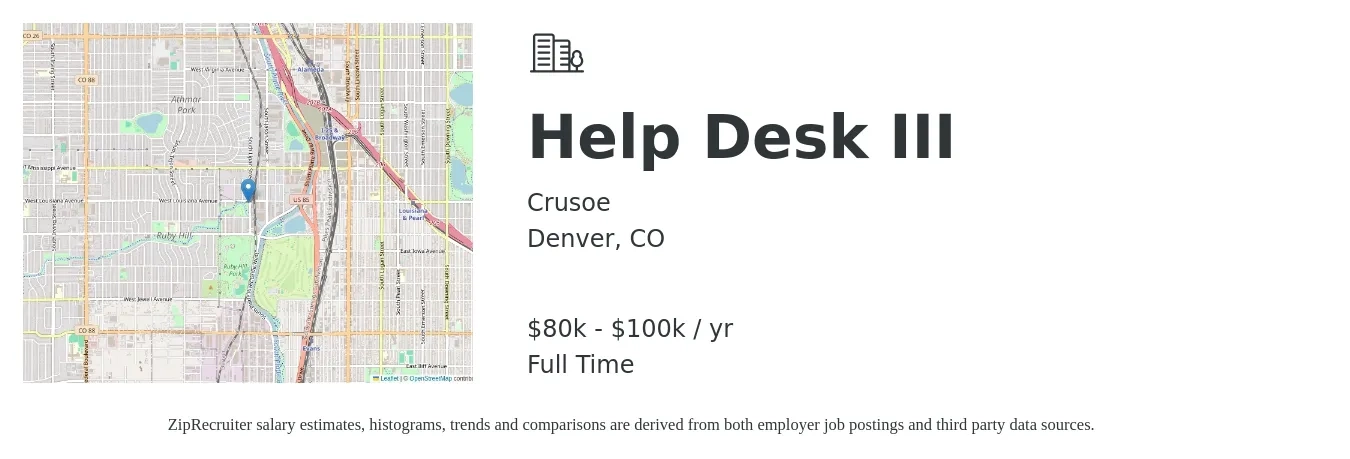 Crusoe job posting for a Help Desk III in Denver, CO with a salary of $80,000 to $100,000 Yearly with a map of Denver location.