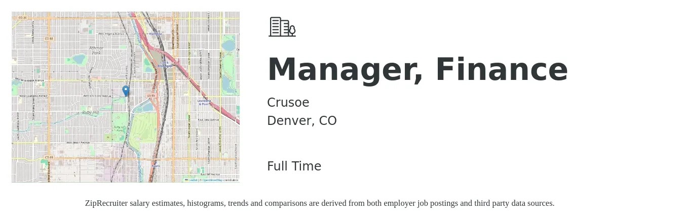 Crusoe job posting for a Manager, Finance in Denver, CO with a salary of $97,300 to $172,900 Yearly with a map of Denver location.