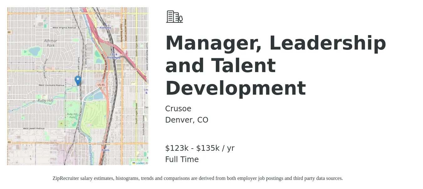 Crusoe job posting for a Manager, Leadership and Talent Development in Denver, CO with a salary of $123,000 to $135,000 Yearly with a map of Denver location.