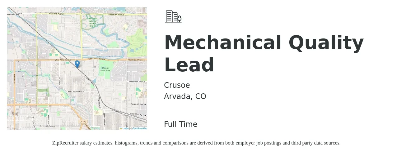 Crusoe job posting for a Mechanical Quality Lead in Arvada, CO with a salary of $19 to $37 Hourly with a map of Arvada location.