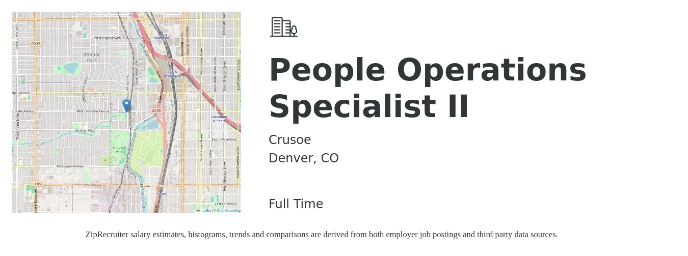 Crusoe job posting for a People Operations Specialist II in Denver, CO with a salary of $49,400 to $83,900 Yearly with a map of Denver location.
