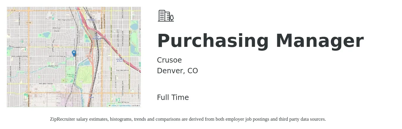 Crusoe job posting for a Purchasing Manager in Denver, CO with a salary of $66,900 to $102,900 Yearly with a map of Denver location.