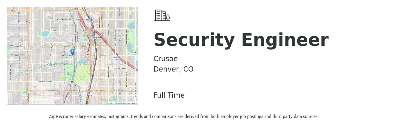 Crusoe job posting for a Security Engineer in Denver, CO with a salary of $147,200 to $163,100 Yearly with a map of Denver location.